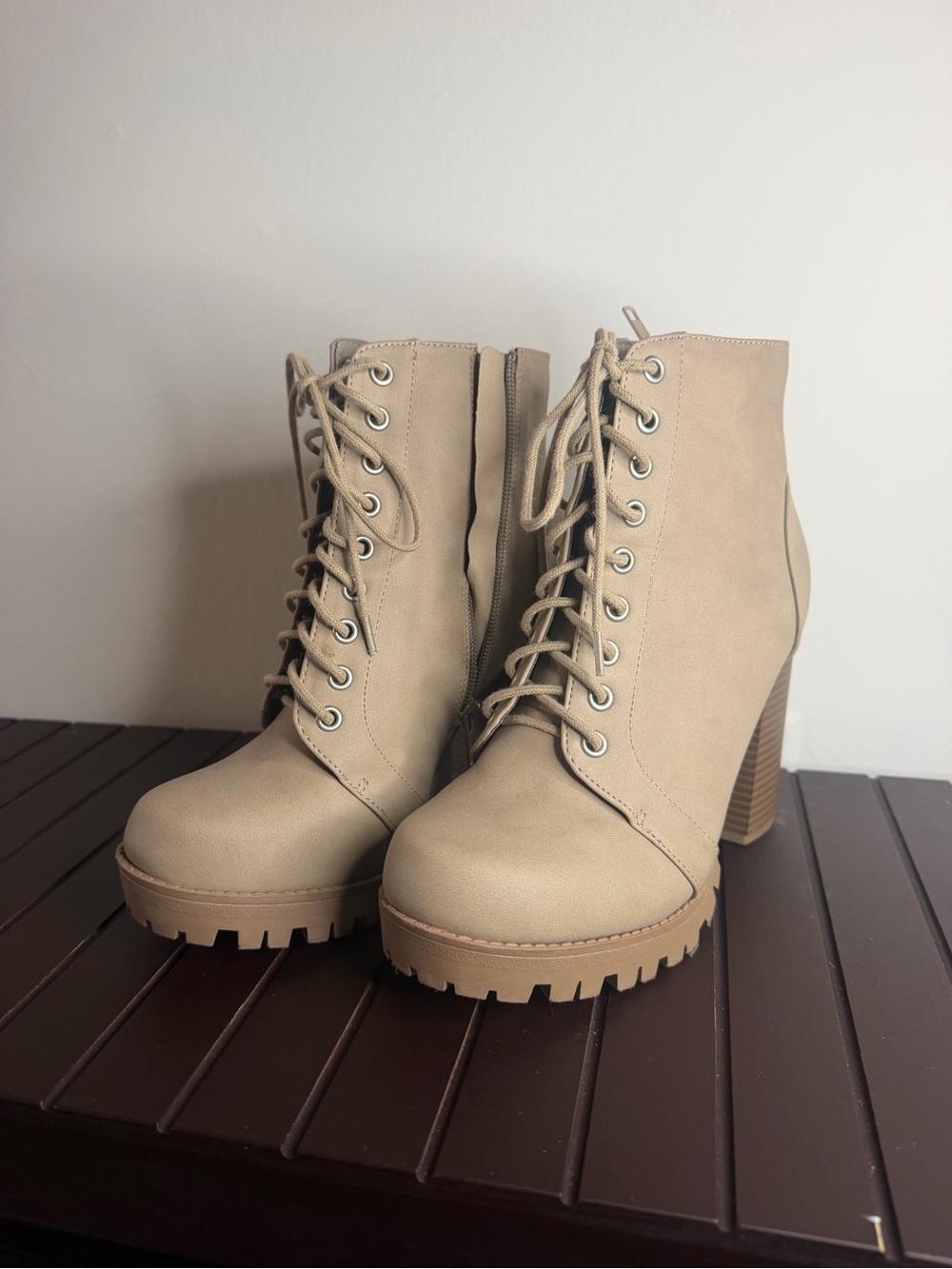 Women's Beige Lace-Up Chunky Heel Booties
